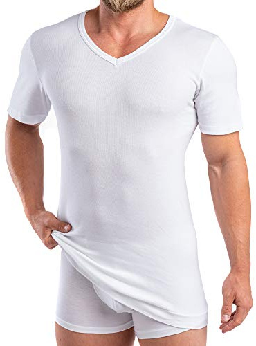 HERMKO 488710 T-Shirt Manches Courtes Extra-Long pour Homme (+ 6 cm) avec col en V en 100% Coton Bio(côtes Fines), Taille:5 (XL), Couleur:Blanc