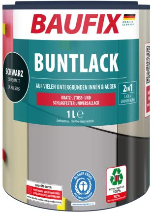 BAUFIX Buntlack schwarz, seidenmatt, 1 Liter, Lackfarbe, wasserverdünnbar, für innen & außen, geeignet für Holz/Zink/Beton/Eisen/Mauerwerk