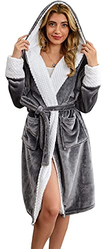 UMIPUBO Ladies Robe Hooded Dressing Gown Fluffy Super Soft Plush Bath Robe for Women Housecoat Loungewear Bathrobe Loungewear Long Robe