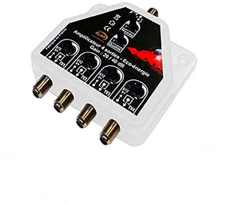 Pack Amplificateur distributeur TNT RÉGLABLE 40 dB 1 entrée – 4 sorties TV + Adaptateur d’Alimentation CATV pour antennes DVB-T actives