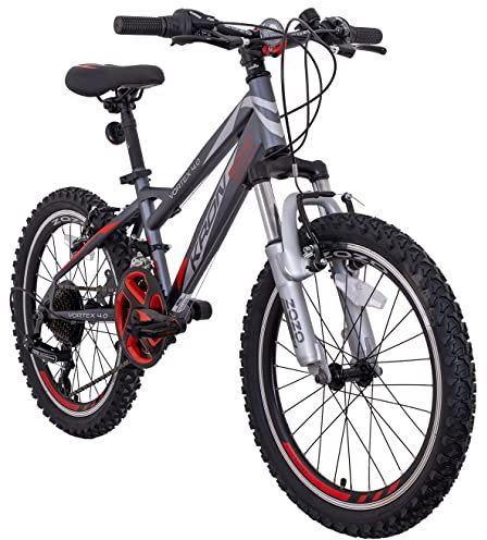 KRON Vortex 4.0 Kinder Mountain Bike 20 Zoll ab 6 Jahre | MTB Fahrrad 21 Gang, V-Bremse 11 Zoll Rahmen, Grau Rot