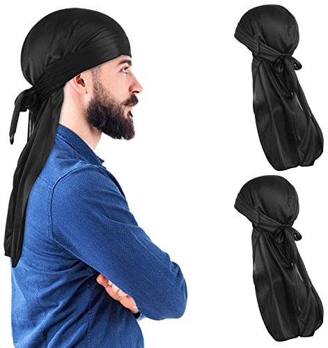 Sibba Satin Durags 2 Piezas de Terciopelo de Seda Larga y Sedosa Sin Sudor Forro para Sombrero Paquete de Ondas Turbante para Rastas y Rizos Hombres Mujeres Color Negro