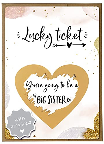 Joli Coon Pregnancy Announcement Scratch Card, Big Sister Reveal | 350gsm designer paper, tactile UV finish, natural envelope with gold heart, scratch panel