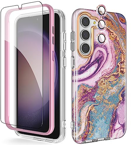 Chvelop 4-in-1 Samsung S23 Case with Screen Protector + Bumper & Camera Protector | Military-Grade Shockproof 360° Protection, Samsung Galaxy S23 Case Glossy Fade-Resistant Pattern Design (Purple)