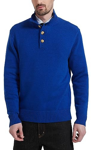 Kallspin Hombre Jersey de Punto de Lana Mezclada Cuello Alto Falso con Botones Manga Larga Peso Medio Suéter por Arriba(Azul Real,M)