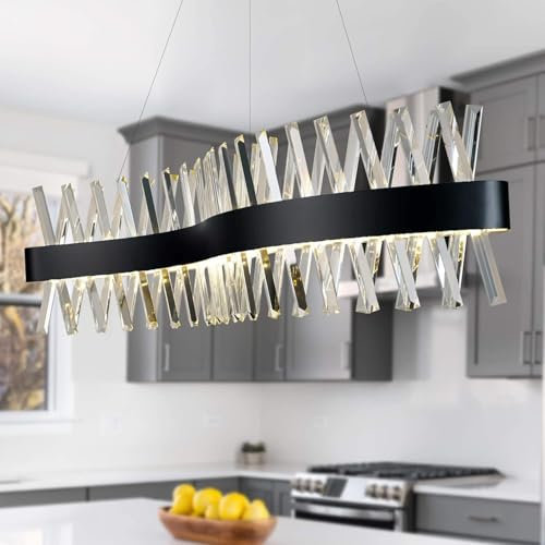 ZenithBeam Lampada A Isola Moderna LED Per Sale Da Pranzo,acciaio Inossidabile Lampadario Lineare in Cristallo Nero,3000k-6000k Dimmable Lampadari,Illuminazione A Sospensione Grande 100cm Per Cucina