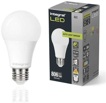 Integral Lampadina LED 2PK GLS E27 non dimmerabile a doppio sensore di crepuscolo, bianco caldo 2700K, 806lm, 8W (equivalente a 60W) a basso consumo e ideale per esterni