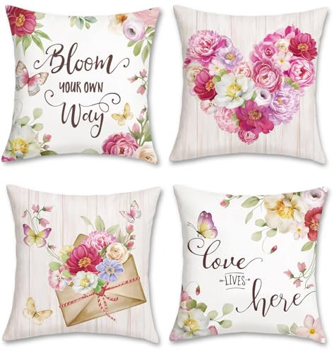Bonhause 4er Set Kissenbezüge Blumen Garten 45 x 45 cm Rosa Liebesherz Blüten Dekorative Kissenhülle Muttertag Zierkissenbezüge für Sofa Zuhause Geschenk zum Muttergeburtstag