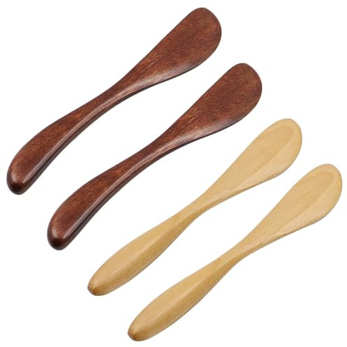 POFET Épandeurs de Beurre en Bois, Couteaux de Table Essentiels, Lame en Bois pour Le Petit déjeuner, Fromage, Confiture (Marron + Beige) 4 pièces