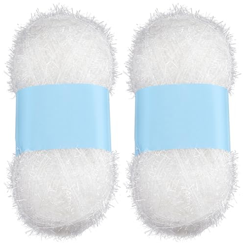 GORGECRAFT 2 Rotoli Da 200 Metri Scintillante Pacchetto di Filato Scrubby Bianco Metallizzato Scrub Poliestere Scrub Filato per Ciglia per Strofinacci Maglieria Tessitura Uncinetto Bambole Cappello