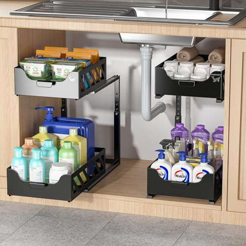 KANCAMPI Rangement sous Évier Plan de travail cuisine Organisateur sous Evier Tiroir Coulissant à Extraction Métal rangement salle de bain étagère à épices,organisateur coulissant,Noir
