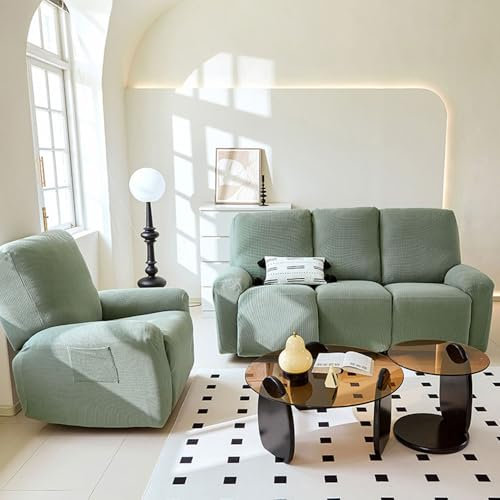 Chickwin Funda Sillon Relax Reclinable, Jacquard Elástico Funda Sillón Reclinable con Bolsillos Laterales 4/6/8/10 Piezas Funda Sofá Reclinable Extraíbles Lavables (Verde Salvia, 1 Plaza)