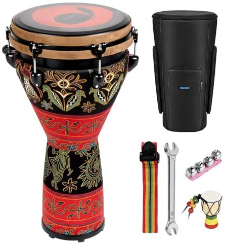 MOSEN Freestyle Mechanically Tuned 12-Inch Djembe, Carbon Fiber Hand Drum, Professional Africa Drum with drum Strap, Wrist Bells, Pendant (Colorful Craft)