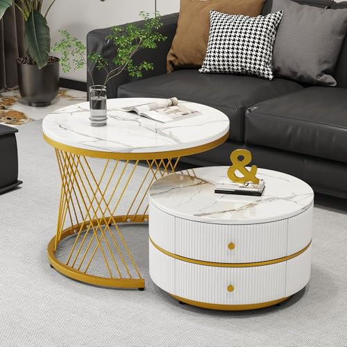 ModernLuxe 2-in-1 Coffee Table, High Gloss Round Nest of Tables, Multi-functional Side Table with Gold Metal Frame Legs and Marble Pattern White Top, 2 Storage Drawers, Nesting Tables for Living Room