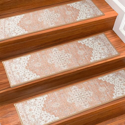 Stair Treads Non Slip, Carpet Stair Treads for Wooden Steps, Removal Indoor Stair Runner Rug with Reusable TPE Adhesive Backing,Residue Free Mat for Kids, Elders, Pets,15PCS, 8 X 30, Brown