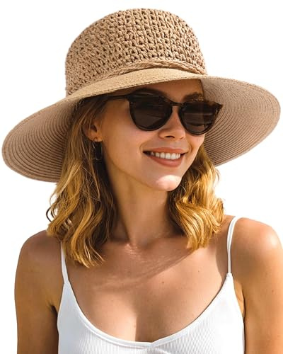 FURTALK Beach Hats for Women Summer Straw Sun Hat Crochet Wide Brim UPF50+ Foldable Packable, Khaki, M-L