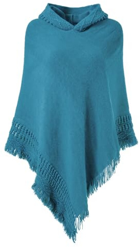 Ferand Ladies' Hooded Cape with Fringed Hem, Crochet Poncho Knitting Patterns for Women, French Blue