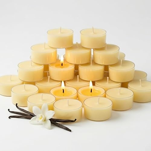 Vanilla Scented Tealight Candles – 14 Pack, 100% Pure Palm Wax, 6-Hour Burn, Ivory Cream Tea Lights for Cozy Ambiance, Home Relaxation, Romantic Settings, Clean Burn & Smokeless