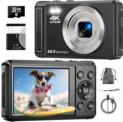 4K 64MP Digitalkamera mit 32 GB TF-Karte, Autofokus Fotoapparat mit 16X Digitalzoom Tragbar Kompaktkamera für Kinder Teenager Erwachsene Anfänger