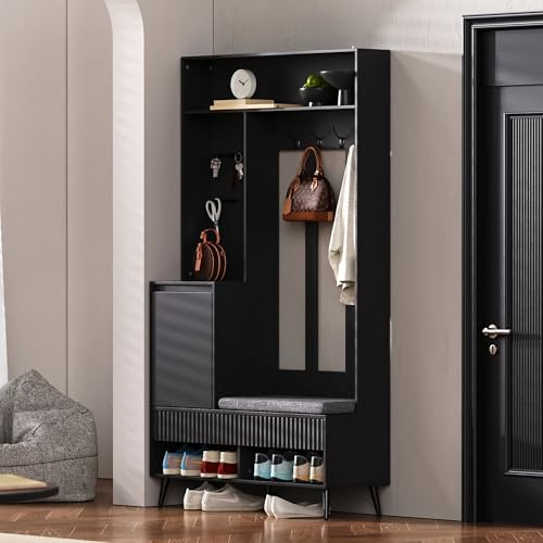 Trdlpyn Set di 4 appendiabiti, 2 cassetti e 1 ante, per ingresso, 100 x 35 x 180 cm, colore: nero