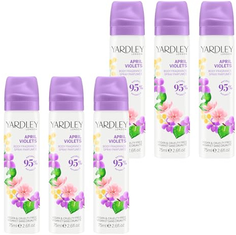 Yardley London April Violets Brume Corporelle – Brume Florale pour Femme avec des Notes de Violette et d’Agrumes, Brume April Violets pour Femme 6 x 75ml
