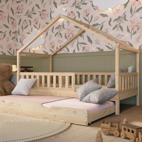 Crazy Pine hussäng med utdragssäng 100x200 cm – barnsäng i naturträ med fallskydd – Montessori golvsäng med låda med sovfunktion och avtagbar barriär – Crazy House