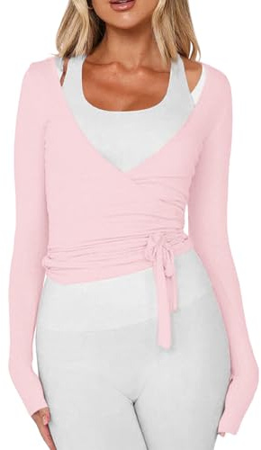 Women Pilates Wrap Top Ballet Tie Workout Shirt Long Sleeve Cross Sexy Deep V Neck Yoga Coquette Blouses Y2k Active Gym Pink XS