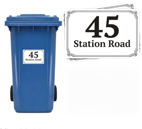 Pack of 4 Personalised Wheelie Bin Stickers - Custom House Number & Street Name Address Labels - Waterproof Vinyl Vintage Decals for Rubbish and Recycling Bins (150x100mm)