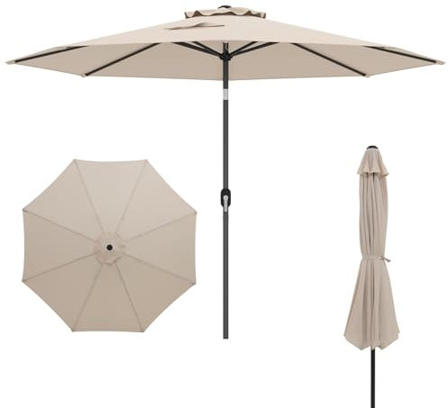 COSTWAY Sonnenschirm 300 cm, Gartenschirm mit Kurbel, beidseitig um 25° knickbar, Terrassenschirm mit 8 Rippen, Marktschirm für Garten, Balkon, Terrasse, Beige