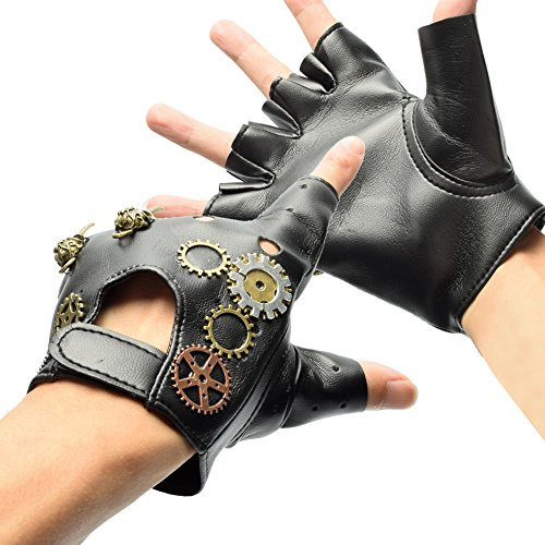 BLESSUME Gants Steampunk Sans Doigts Gothique Cosplay Accessoires Gloves Unisexe noir