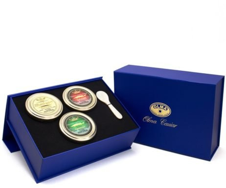 OLMA Deluxe Caviar Gift Box - Includes Beluga Sturgeon, Osetra, Siberian Osetra Aurora & Mother of Pearl Serving Spoon - Overnight Delivery
