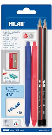 MILAN® Blister 2 bolígrafos p1 (azul/rojo), 2 lapices grafito HB y h, goma 430 y sacapuntas