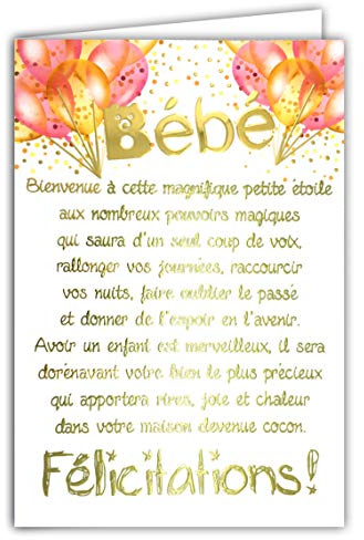 69-3049 Carte rose FÉLICITATIONS NAISSANCE BÉBÉ FILLE mots en dorure OR doré qui brille ; Livrée avec enveloppe assortie ; Format Carte fermée 11,5x17cm ; Fabriqué en France ;