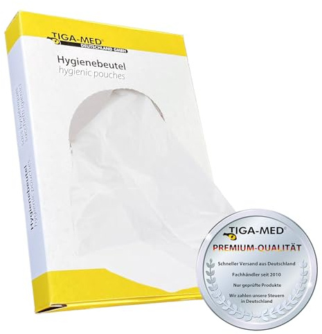 TIGA-MED Hygienpåsar för sanitetsshorts & tamponger | HDPE hård polyeten | 30 påsar per låda | Lukt- och vätsketät | Säker och diskret bortskaffande i badrummet (25 lådor = 750 påsar)