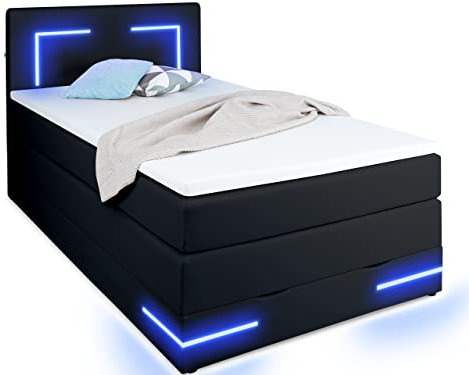 wonello Boxspringbett 140x200 mit Bettkasten und LED Beleuchtung - gemütliches Bett mit LED Beleuchtung - Stauraumbett 140 x 200 cm schwarz mit Matratze und Topper