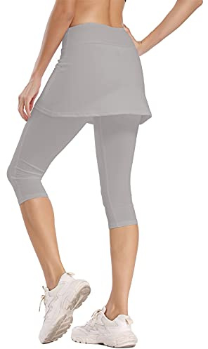 Ibeauti dam UPF 50+ capri leggings med kjol för yoga, golf, tennis, löpning, aktiv träning, Ljusgrå, S