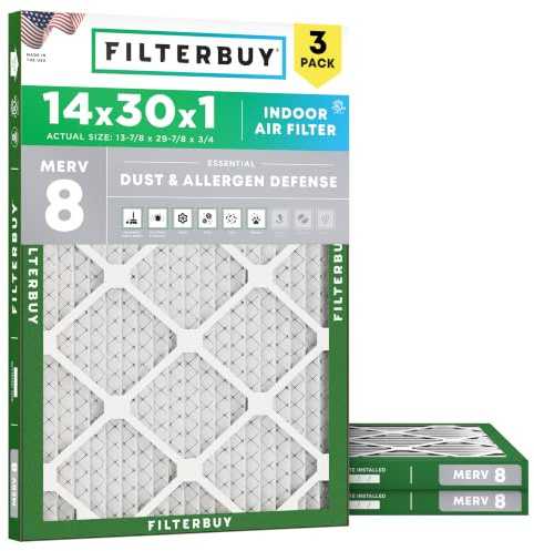 Filterbuy 14x30x1 Air Filter MERV 8 Dust & Allergy Defense (3-Pack)