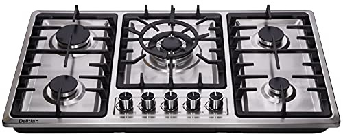 Placa de cocina de gas DT5809 de 34 pulgadas de acero inoxidable integrado con 5 quemadores de gas LPG/NG convertible doble placa de gas de combustible