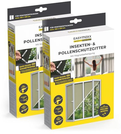 EASYmaxx Moustiquaire de fenêtre avec protection contre le pollen & Magic Click | Peut être découpée pour des fenêtres jusqu'à 150x130cm | Montage facile avec 12 aimants - pas de perçage [2 Pièces]