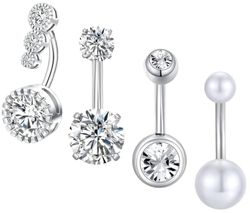 Gojewen 4piezas piercing ombligo 8mm piercing ombligo acero quirurgico Plata Corazón Cristal Perla ombligo Piercing Joyas