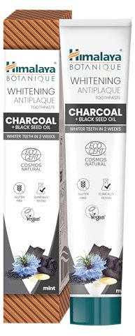 Ecocert Cosmos Natural Certified Himalaya Botanique Whitening Antiplaque Toothpaste with Organic Actives, Charcoal + Black Seed Oil for Brighter Teeth | Vegan, Fluoride & Gluten Free, 75 ml