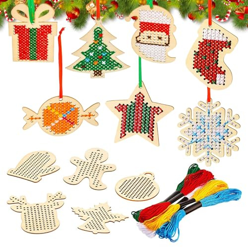 LUVDECO Punto de Cruz Kits Madera Manualidades Navidad Principiantes Kit de Bordado Navidad Inicio Madera Marcapáginas Punto de Cruz Navidad para Regalo Niños Adulto Árbol Decoración Entusiastas