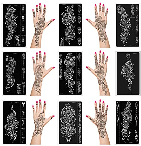 Kit de pochoirs de tatouage au henné, pochoirs réutilisables au henné pour la main, l'avant-bras, l'aérographe, autocollants de tatouage temporaire indien