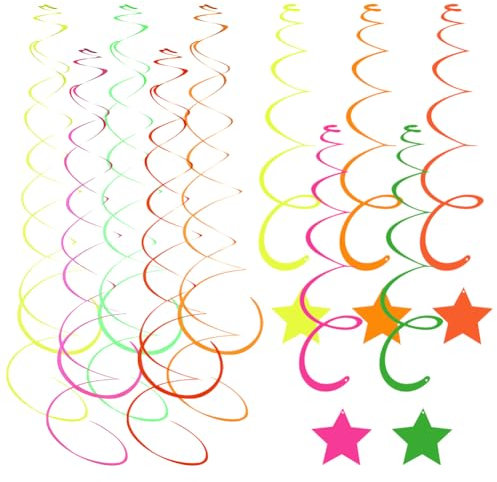 FSSTUD Lot de 40 serpentins colorés en papier néon à suspendre au plafond - Guirlande de fête phosphorescente - Serpents de fête en spirale - Fournitures de lumière noire à suspendre - Décorations de