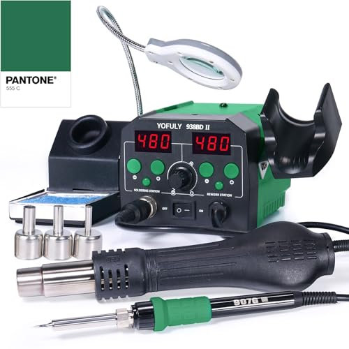 Yofuly 775W Lötstation, 2 in 1 Heißluft Lötkolben Set mit Aufsteckbaren Helfenden Händen, Entlötstation für SMD Löten und Entlöten, Einstellbarer Temperatur und Luftvolumen, Auto Start/Stop(EU Plug)