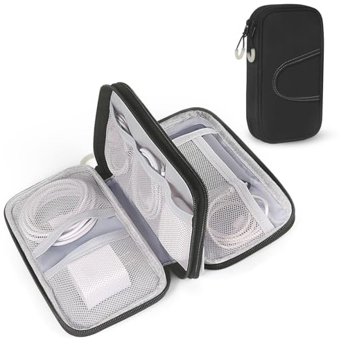 Borsa organizer per cavi con cerniera luminosa, organizer portatile a doppio strato per accessori elettronici, cavo di ricarica per cellulare, USB, (20x15x5 cm)