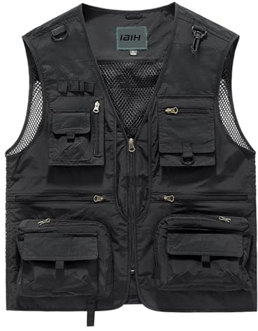 IBIH Mens Outdoor Vest Breathable Quick-Dry Fishing Vest Camping Hiking Lightweight Vest with Multi-Pocket,Black,Large