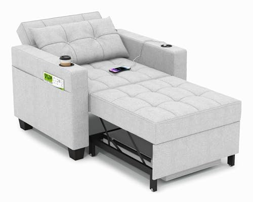 DURASPACE Schlaferstuhl, 3-in-1 umwandelbarer Stuhl Bett, ausziehbarer Schlafsessel, Schlafsofa mit USB-Anschlüssen, Seitentasche, Getränkehalter für kleinen Raum, Hellgrau