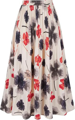 comefohome Skirts for Women UK Pleated Long Maxi Elasticated Waist Summer A Line Boho Ladies Skirt Floral Red S