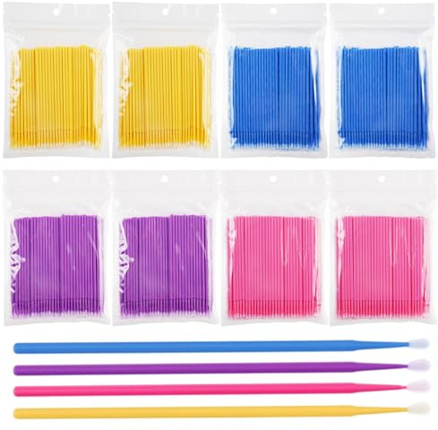 800 Piezas Microcepillos Aplicadores, Micro Cepillos Aplicadores, Desechable Micro Cepillos, para Extracción de Pestañas, Nail Art, Eliminación de Maquillaje, Limpieza (Rosa/Azul/Morado/Amarillo)